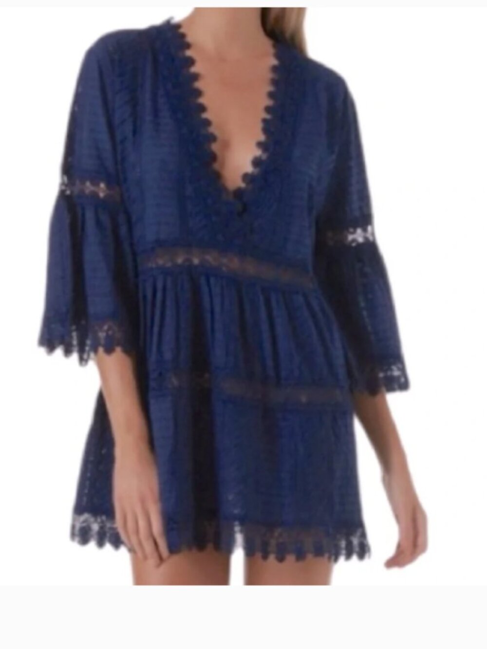 Melissa Odabash Victoria V-Neck Kaftan Mini Dress Eyelet Broderie Anglaise